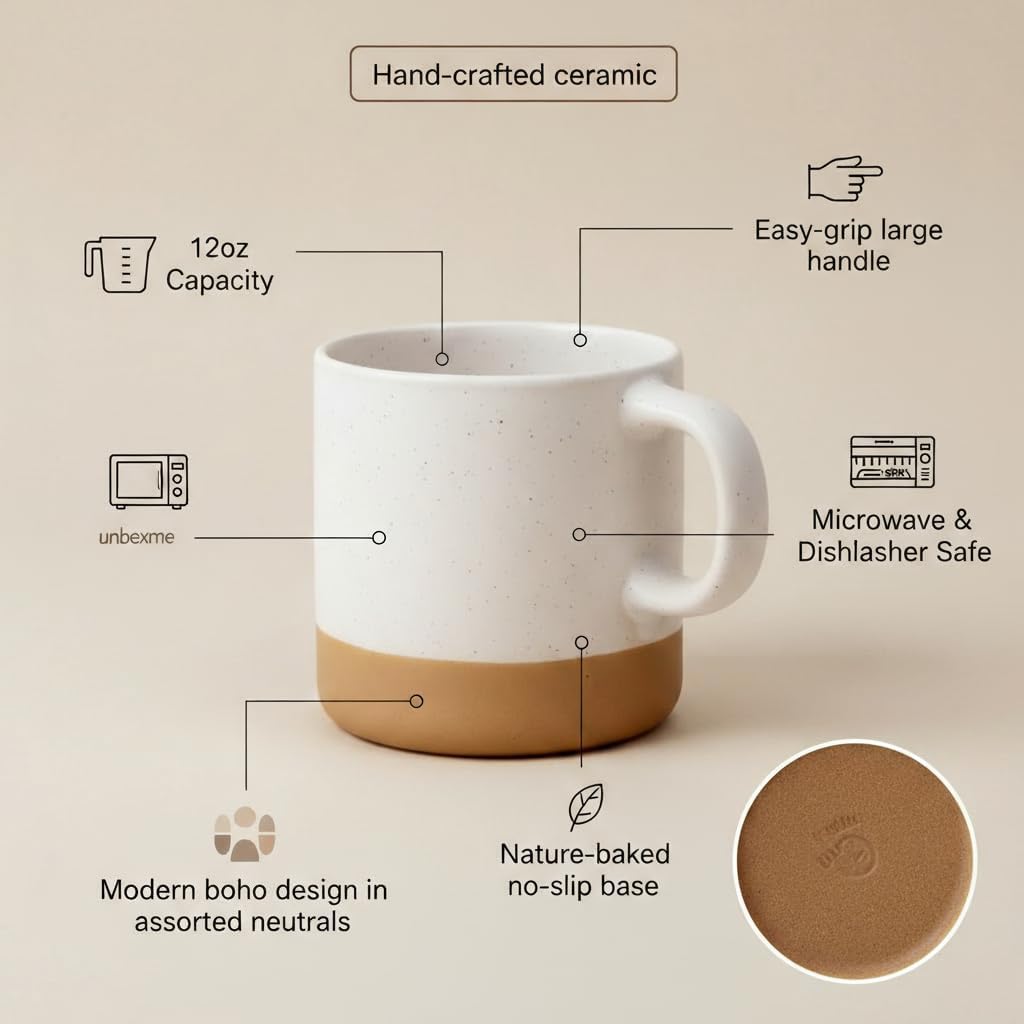 Unboxme Givenne Ceramic Latte Coffee Mug Set, 12 oz (Set of 4) – Microwave & Dishwasher Safe, Large Handles, Modern Boho Neutral Colors
