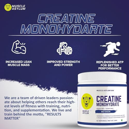 Image of Muscle Asylum Creatine Monohydrate Red Bison Flavour | 3000mg Creatine Per Serving | Pre Workout Supplement for Strength, Energy, Endurance & Muscle Recovery | Micronized Creatine Powder | 62 Servings | 250g