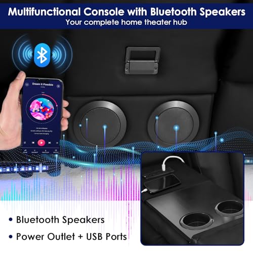 Image of Redlife Power Loveseat Recliner Sofa with Console, PU Leather Dual Reclining Couch with Blue LED Lights, Bluetooth Speakers, USB Ports, Phone Holders, Home Theater & RV Recliner (Black)