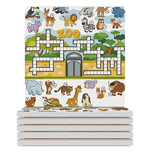 aosup Coaster Ceramic Drink Coaster for Tabletop ProtectionWord Search PuzzleZoo Themed Education Game Suitable for Kinds of Cups Wooden Table 37x37 Inches Square AM034422 Pack of 6