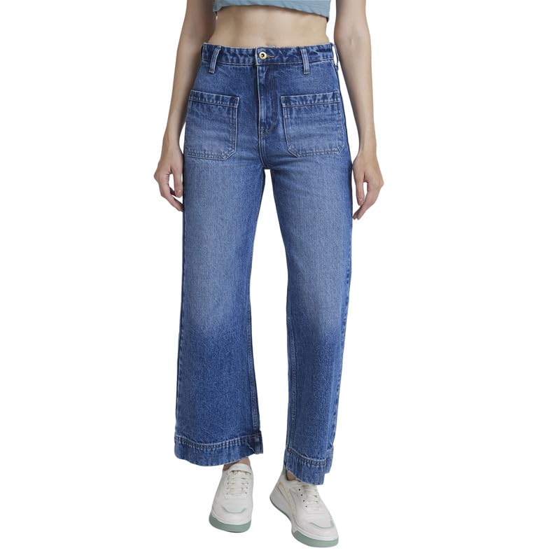 Women Dark Blue Cotton Wide Leg Fit Ankle Length Clean Look Jeans -(Bella-Wide Leg)