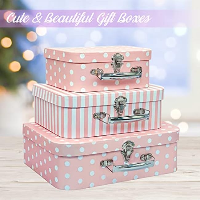 Paperboard Suitcases Set of 3 Decorative Boxes, Compatible with Barbie Storage Organizer, Doll Clothes, Toys, Photos, Accessories, Hat, Cute Storage Gift Boxes for Kids Girls Home Decoration
