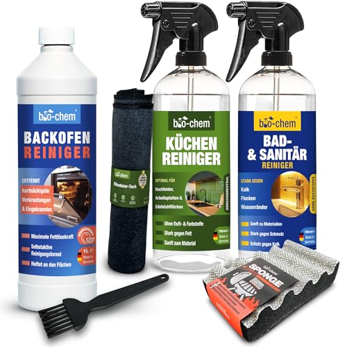 Bio-Chem - Profi Set 6 prodotti e accessori per la pulizia della cucina - Detergente per forno, pentole e padelle - Prodotti per la cura delle superfici della cucina - Panno e spugna in microfibra
