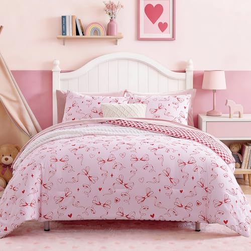 AMBERSPACE Twin XL Comforter Set for Girls Red Bow Bedding Set Reversible with Cute Heart All Season Kids Dorm Bed in a Bag 5 Pieces with Sheets Pillowcase & Sham