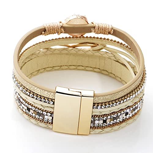 Suyi Multilayer Leather Wrap Bracelet Wide Cuff Bracelets For Women Girls Heart-Shape Khaki #TOP3