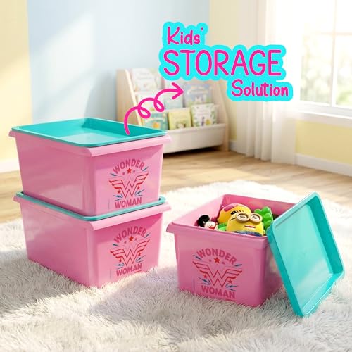 Image of Nayasa Stack N Store Wonder Women, Small, 5 ltrs | DC Superhero Print Plastic Storage Boxes Set of 3 with Lid | Side Handles | Stackable Multipurpose Organizers | Strong & Durable | Pink