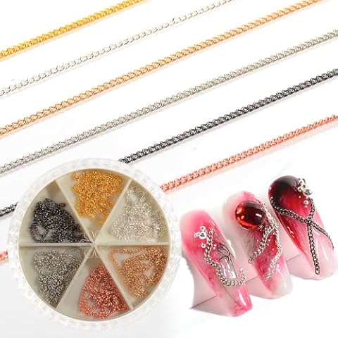 QIMYAR Nail Chains Punk Nail Charm 6 Strips Gold Silver Rose Gold Metal Nail Charms Nail Studs Chains Metallic Nail Beads Ball Jewelry Accessory Y2K Nail Art Decoration Cover