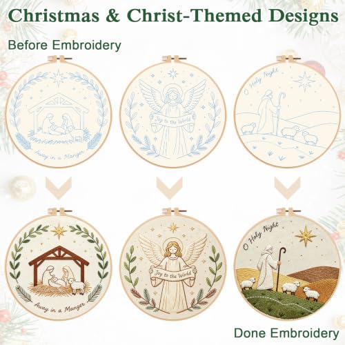 Image of Louise Maelys 3 Set Christmas Embroidery Kit for Beginners, Faith DIY Craft