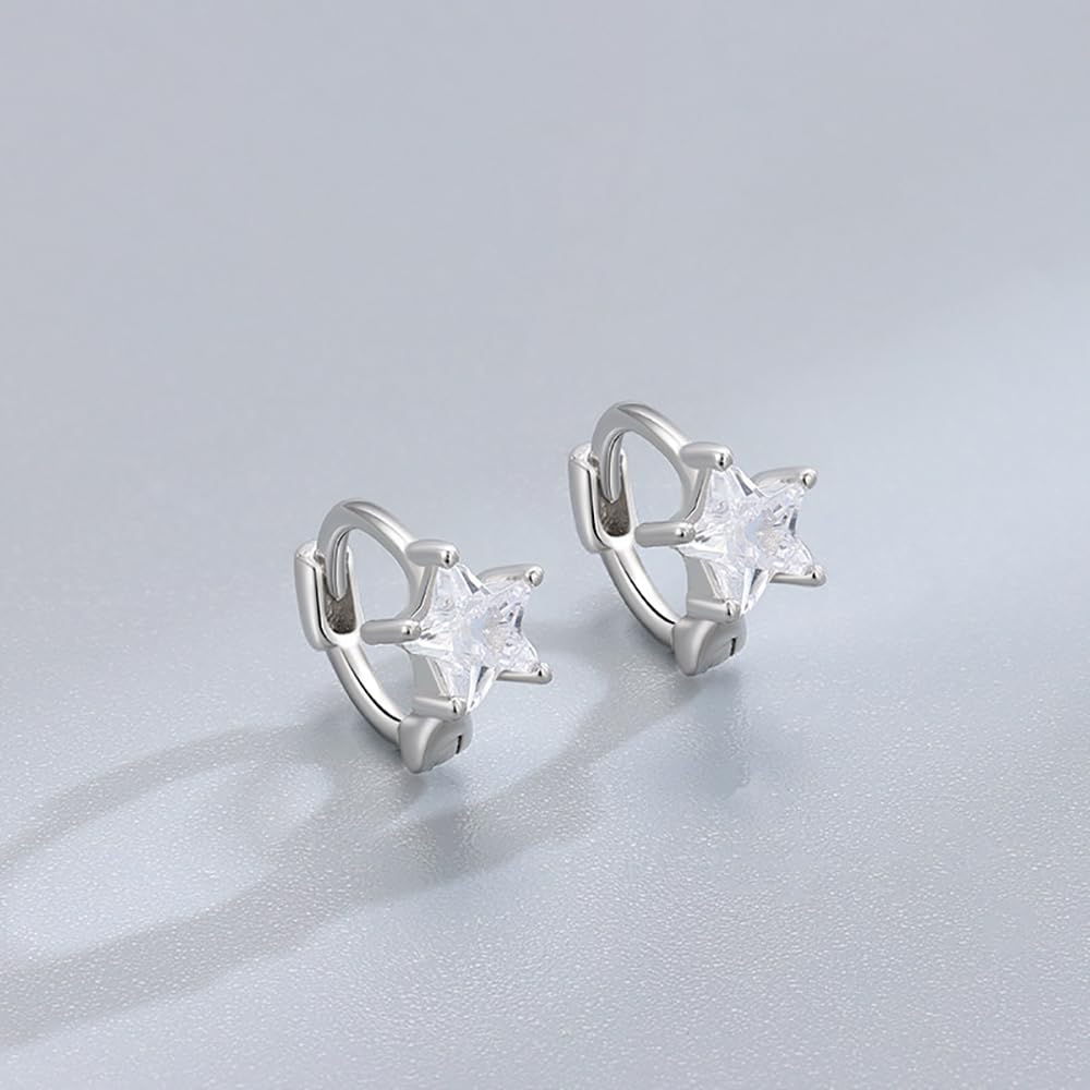 Bonitos aretes de aro de estrella de cristal para mujeres, adolescentes y niñas, plata de ley 925, cartílago, circonita cúbica, pequeños aros, puños, delicados para dormir, hipoalergénicos, regalos de