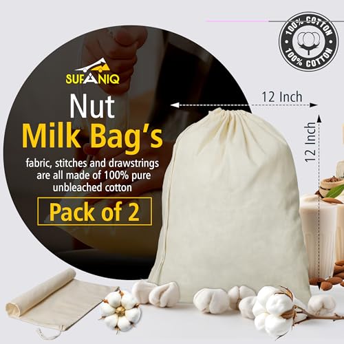 Image of SUFANIQ Nut Milk Bag - 2 Bags (12 x 12 Inch) 100% Unbleached Cotton Cheese Cloth Bag for Straining, Premium Nut Milk Bag Reusable, Nut Bag Strainer for Almond, Soy, Oat Milk, Juices, Cheese Making