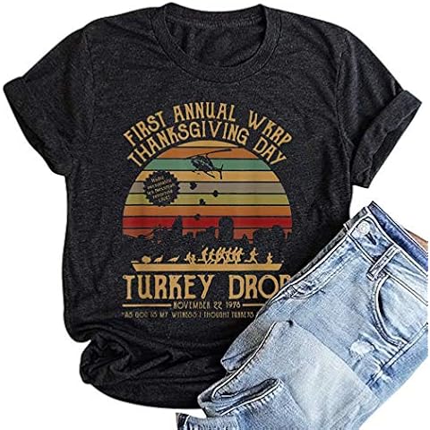 Turkey Drop Movie Shirt for Women Thanksgiving Day T Shirt WKRP T Shirts Funny Vintage Turkey Drop Graphic Tops Tees - Grey - Large Cover