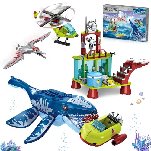 Image of Ocean Explorer Mosasaurus Dinosaur Building Set Compatible with Dinosaur Park World, Include Mosasaurus, Pterosaur, Boat, Helicopter, Research Station, Dino Toys Gift for Kids Boys Age 6-12
