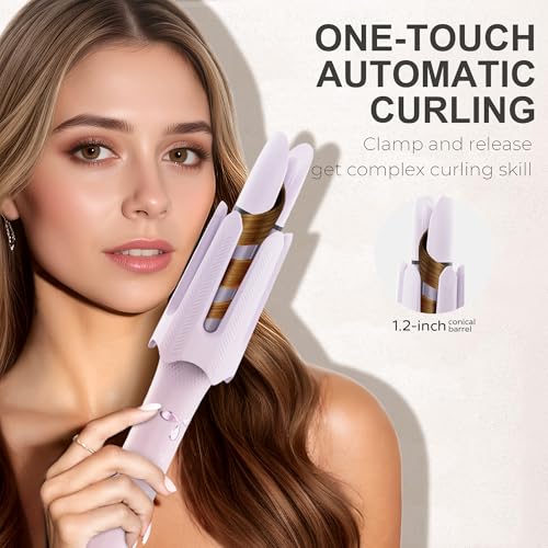 Image of Auto Rotating Hair Curler - 4 Temperature and Timer Settings, Automatic Curling Iron with Automatic Shut-Off, Anti-Tangle and Scalding, Curling Wand for Long Lasting Curls (Purple)