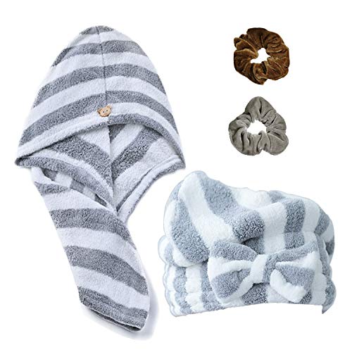2 Pack Hair Towel Wrap Turban Microfiber Drying Shower and Bath, Twist Head Towels with Button, Magic Quick Dryer, Hair Care for Women and Girls, One Wrap Plus One Cap and Two Velvet Hair Bands