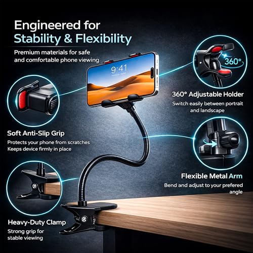 Image of SWAPKART Updated 2026 Flexible Mobile Tabletop Stand, Metal Built -for Video, Heavy Duty Foldable Lazy Bracket Clip Mount, Multi Angle Clamp for All Smartphones (Black)