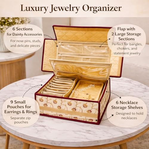 Image of Trendifly Royal Flower Design Jewellery Organiser bag | Travel Makeup Cosmetic Jewelry Storage organizer box for Bridal women Earrings Bracelet Necklace (Brown Tikki)