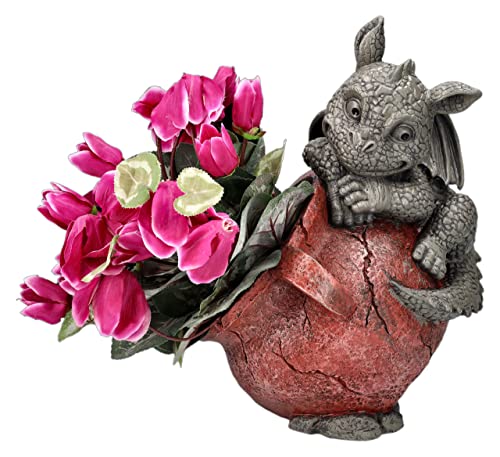 Pacific Giftware Gartenfigur Drache mit Übertopf rechts - Gartendrache 32,5 cm hoch - Fantasy Deko Statue Blumentopf Mehrfarbig