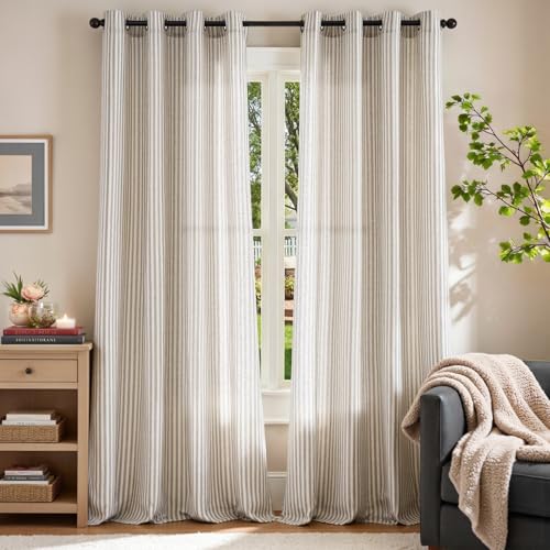 Image of jinchan Linen Curtains 96 inch Taupe Stripe on Linen Grommet 2 Panels