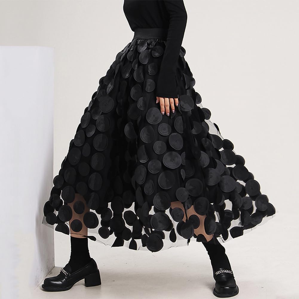 Falda de tul para mujer, diseño de lunares 3D, cintura elástica, de malla, acampanada, falda midi para boda, Halloween, fiesta