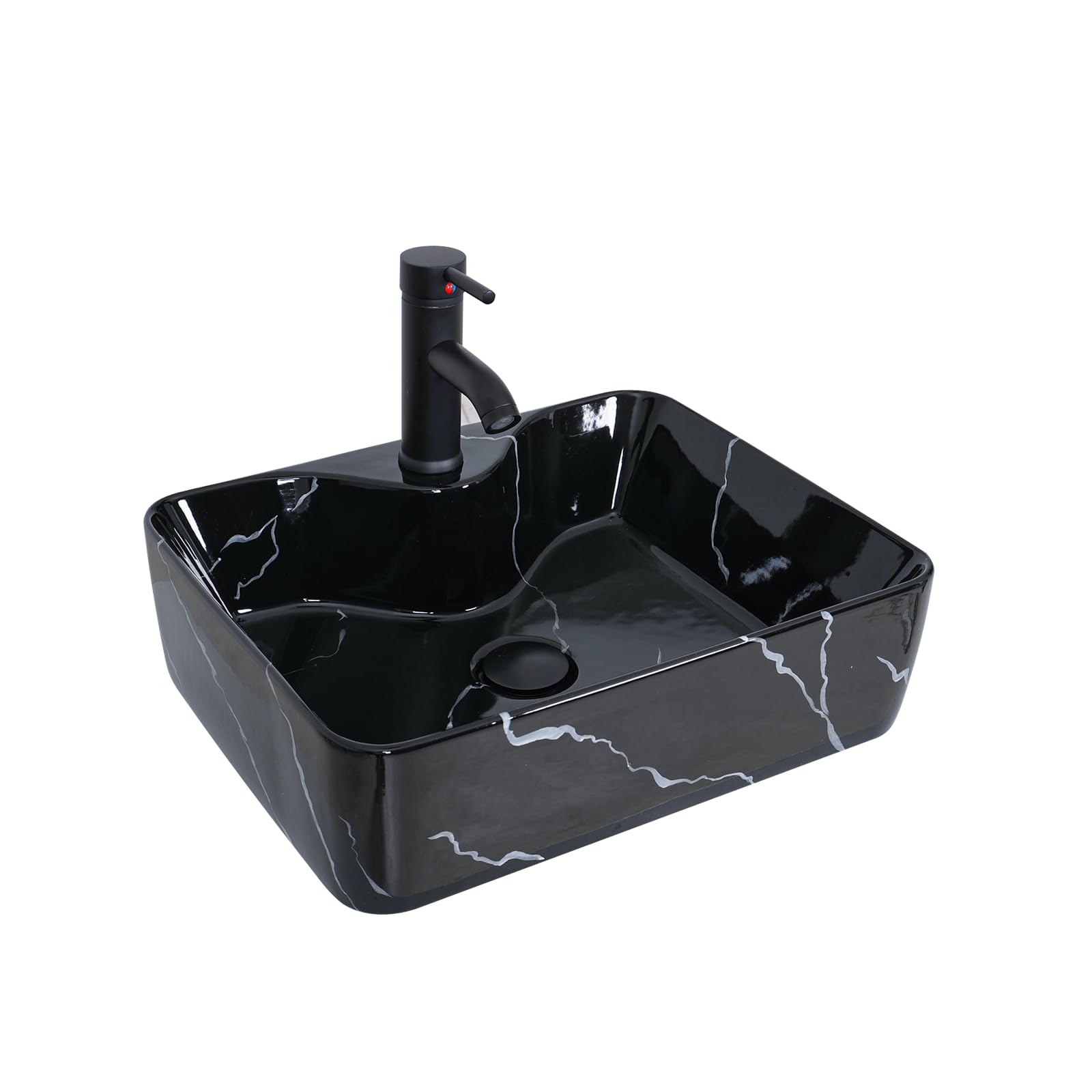 YU YUSING Lavabo Sobre Encimera con Grifo, Lavabo Baño de Cerámica 48x38x13.5 cm, Lavabos de Lujo para Baño, Cocina, Aseo de Invitados, Tocador, Moderno Negro, Rectangular
