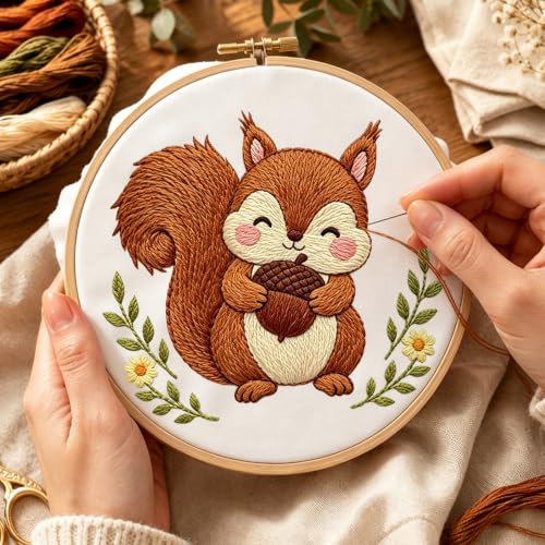 Image of Nuberlic Embroidery Kit for Beginners Stamped Squirrel Needlepoint | Stamped Animal Embroidery Starter Kit for Adults Complete Cross Stitch Kit Home Decor, Gifts And Relaxing Art