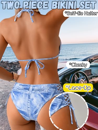 Denim Print Bikini Sets,Side Tie Low Rise String Bikinis,Sexy Two Piece Swimsuit for Women Cowgirl Beach Vacation3