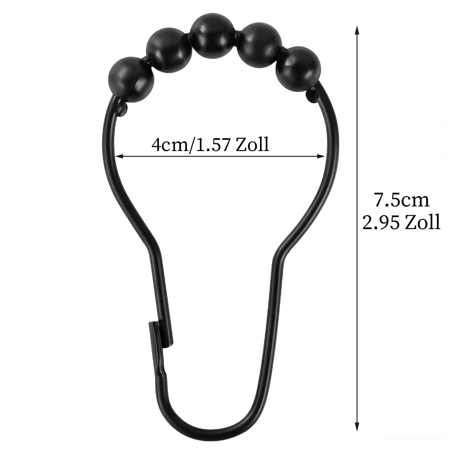 20 sztuk haczyków do zasłony prysznicowej, 7,5 x 4 cm, metalowe pierścienie do zasłony prysznicowej z systemem ślizgowym, pierścienie do zawieszenia zasłony prysznicowej, karnisza na ubrania (czarne)