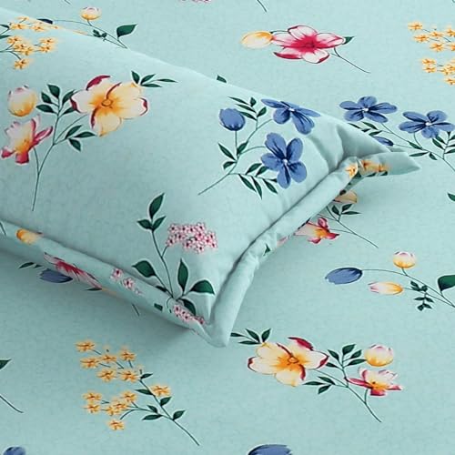 Image of NHD HOME Glace Cotton 180 TC Flat Single Bedsheets for Summer Breathable | Wrinklefree (Size-60 X 90 Inch) with 1 Pillow Covers (Size-17 X 27 Inches, Floral Light Green)| TC - 180