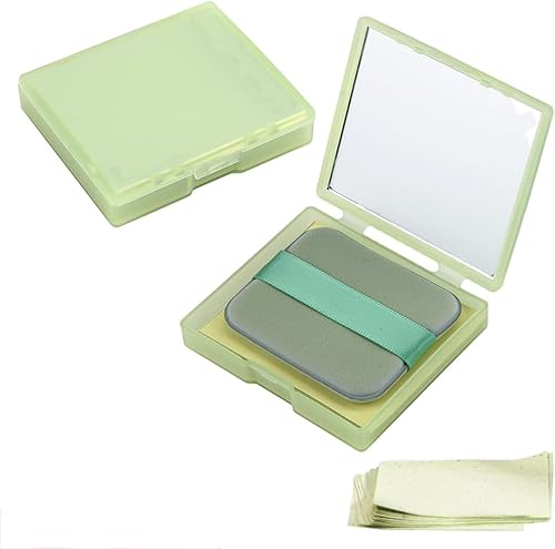 MA..YCR.EATE/ 100Pcs Face Blotting Paper for Oily Skin, Oil Blotting Sheets for Face, Natural Linen Oil Paper for Face, Blotting Paper for Makeup, Built-in Mirror & Powder Puff for Women Men Green Tea