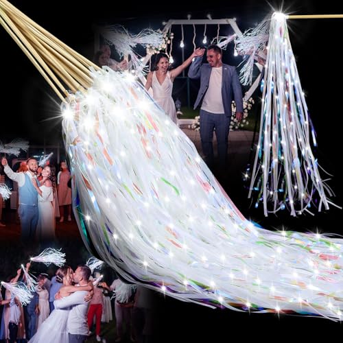 Simgoing 24 Pcs Lighted Wedding Wands LED Tinsel Wands Light up Streamers Sparklers for Wedding Send off and Exits Birthday Party Props Favors(White Tinsel)