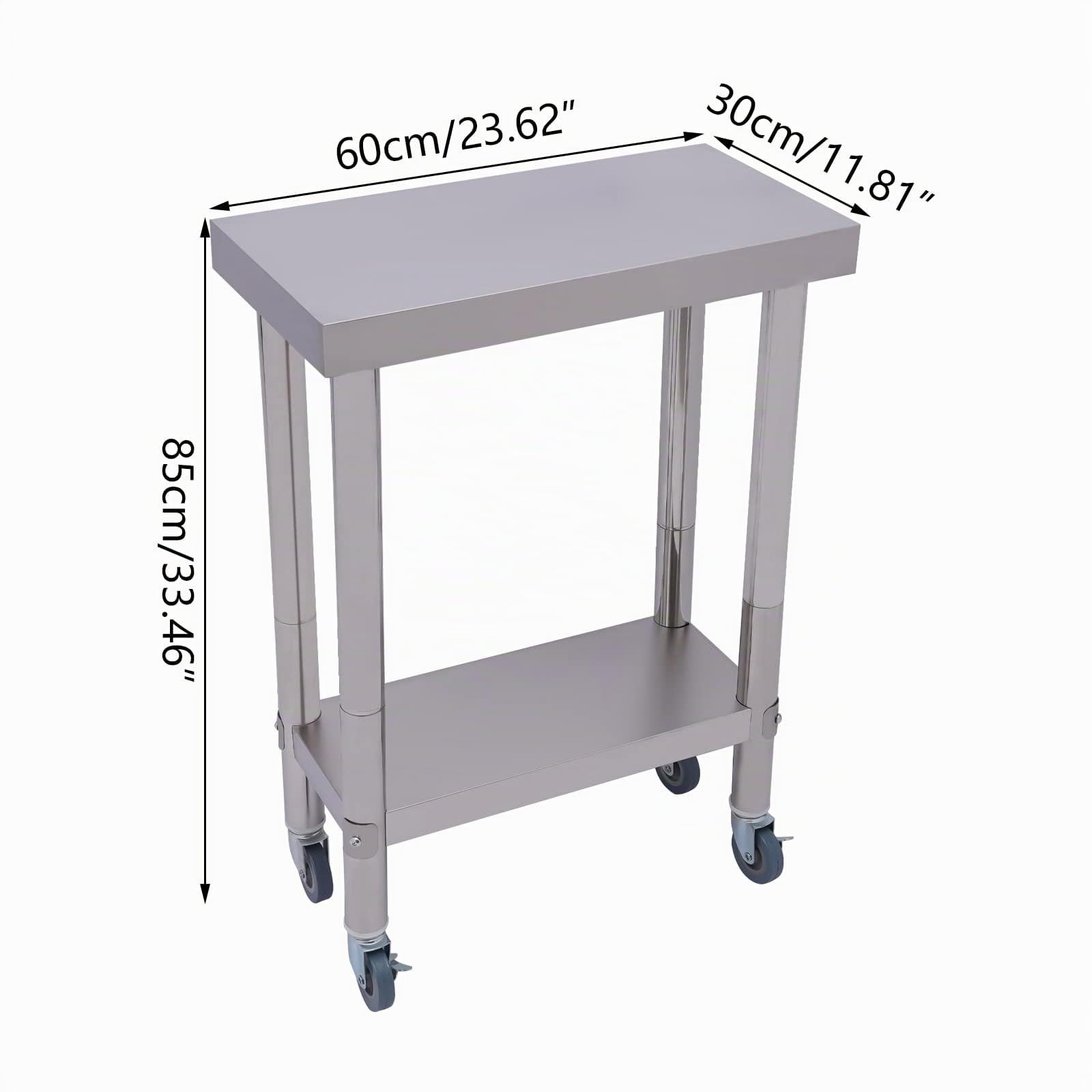 Table de travail en acier inoxydable 2 couches Table de cuisine avec roulettes Capacité de charge 300 kg 60 x 30 x 85 cm Pour restaurant, maison et hôtel