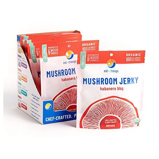 EAT THE CHANGE Habanero BBQ Mushroom Jerky | 150 Calories or Less Per Bag, Planet Based Organic and Chef Crafted | Pack of 8 2oz Bags