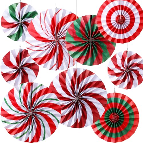 Outus Christmas Hanging Decorations Candy Paper Fans Peppermint Hanging Paper Fans Candy Cane Ceiling Wall Decor for Christmas Party Classroom Birthday Party(9 Pcs Sweet)