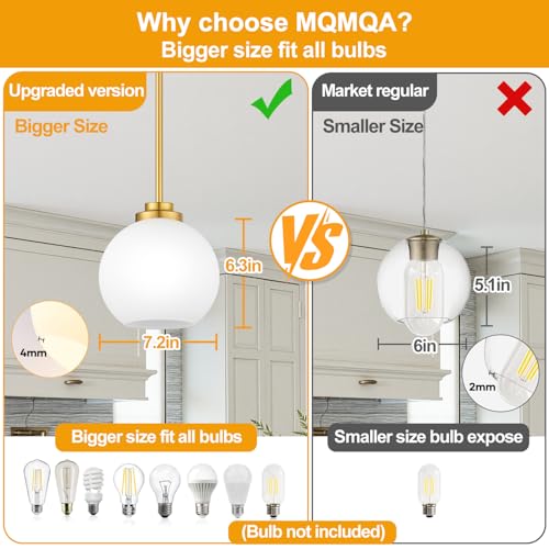Image of 2 Pack Gold Globe Pendant Lights, Mid Century Gold Pendant Light Fixtures, Globe Pendant Lights Kitchen Island with Milk Glass Shade Adjustable Hanging Fixture for Dining Room (Bulbs not Included)