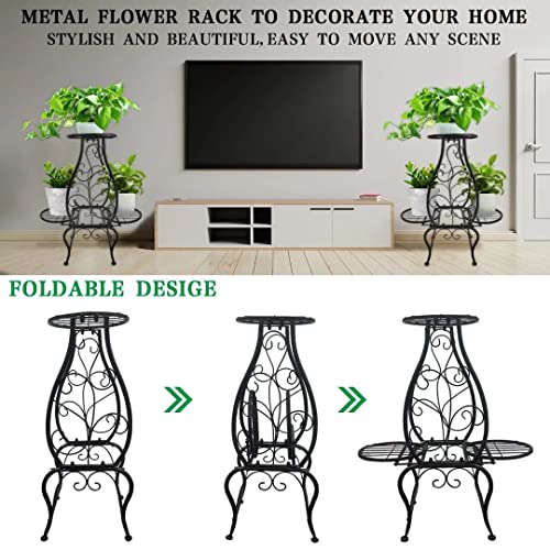 Xaxm Metal Plant Stand Indoor Outdoor - 2 Tier 3 Potted Flower Pot Holder Potted Display Rack - Bearing 50Kg Wrought Iron Planter Organizer Shelf For Corner Balcony Living Room Bedroom Office, Black #TOP2