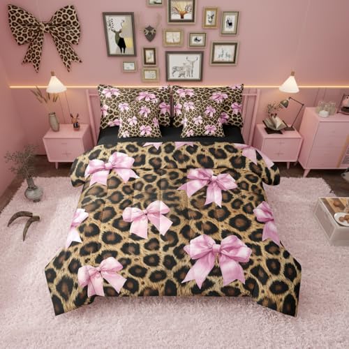 Parure de lit 7 pièces douce avec couette lit double imprimé léopard rustique et nœud rose
