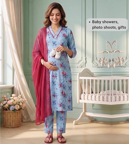 Image of DUMMY SHAPE Maternity Dresses for Women Cotton | Floral Kurta Pant Dupatta Set with Nursing Zippers, Side Pocket | Pre & Post Pregnancy | Feeding Kurti Suit | Baby Shower | Gifts for Pregnant Woman