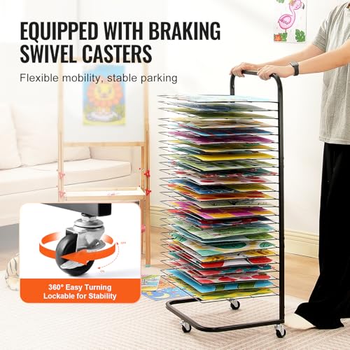Image of VEVOR Art Drying Rack, 25 Removable Shelves, 17 x 13 x 39.4 inch Paint Rack with Lockable Wheels, Carbon Steel for Artwork in Classrooms, Art Studios and Schools, Black