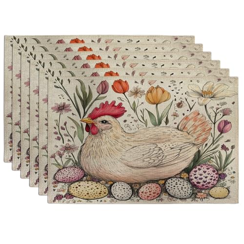 Lot de 6 sets de table doux pour salle à manger, motif poule printanière, 30,5 x 45,7 cm, œufs...