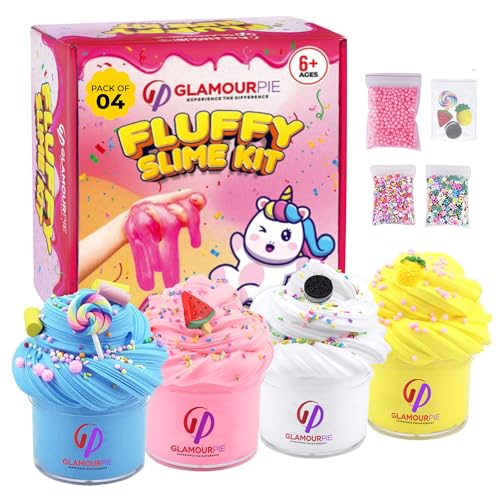 GlamourPie 400ML Butter Slime Kit for Kids Scented & Non-Sticky Cloud Slime with Charms Soft Glossy and Stretchy DIY Toy for Girls & Boys Fun Birthday Gift & Party Favor 4 Pack 100ML Each