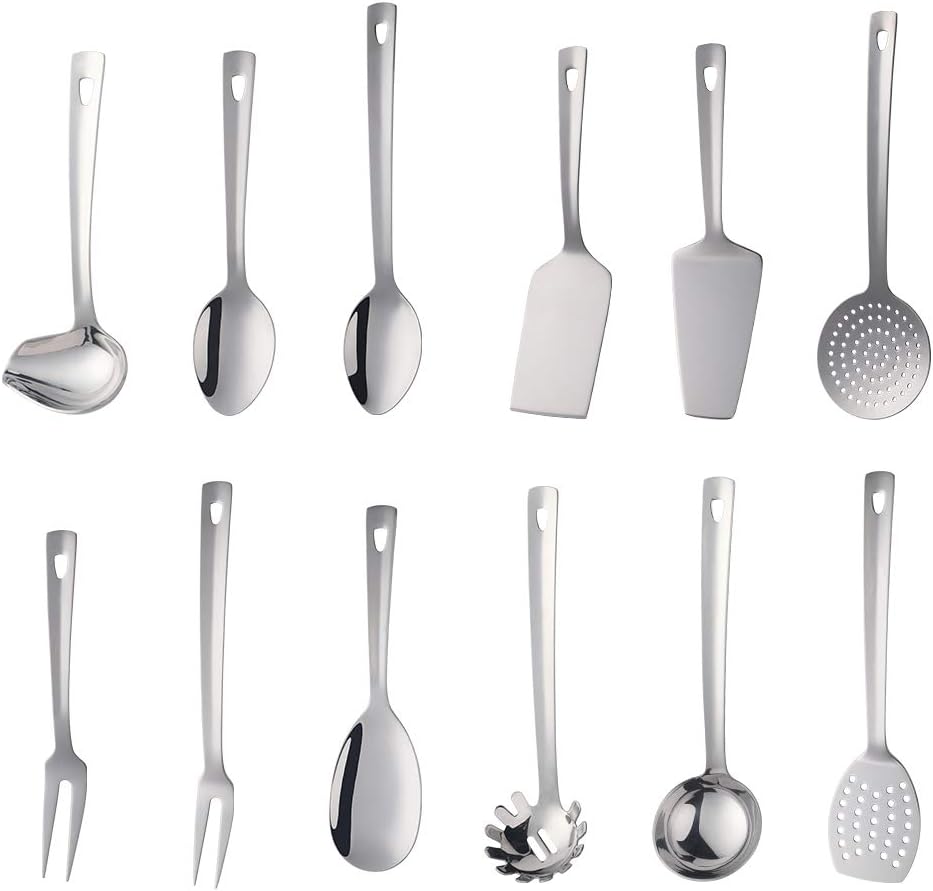 12 Pcs Cooking Utensil Set, Stainless Steel Silver Titanium Plated Cookware Sets with Public Fork/Spoon, Cake Shovels, Spatula, Ladles, Solid Spoon, Slotted Spoon, Pasta Server, Kitchen Tool Gadget