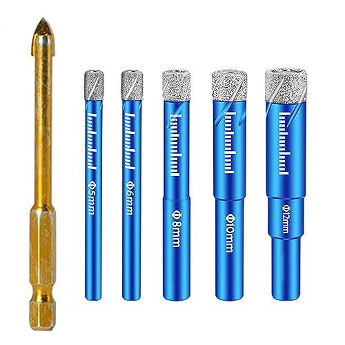Diamond Core Drill Bits Set 6pcs Tile Hole Saws Vacuum Brazed Hole Saw with 1/4 Inch Hex Shank for Glass Ceramic Porcelain Tiles Marble Brick Granite Quartz Fit Angle Grinders and Drill