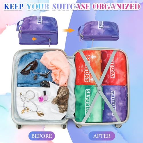 Paterr 7 Pcs Days of Week Packing Cubes Compression Packing Cubes for Kids Summer Camp Travel Daily Outfit Suitcase Organizers Zippered Storage Bag for Cruise Vacation Essentials(Multicolor)4