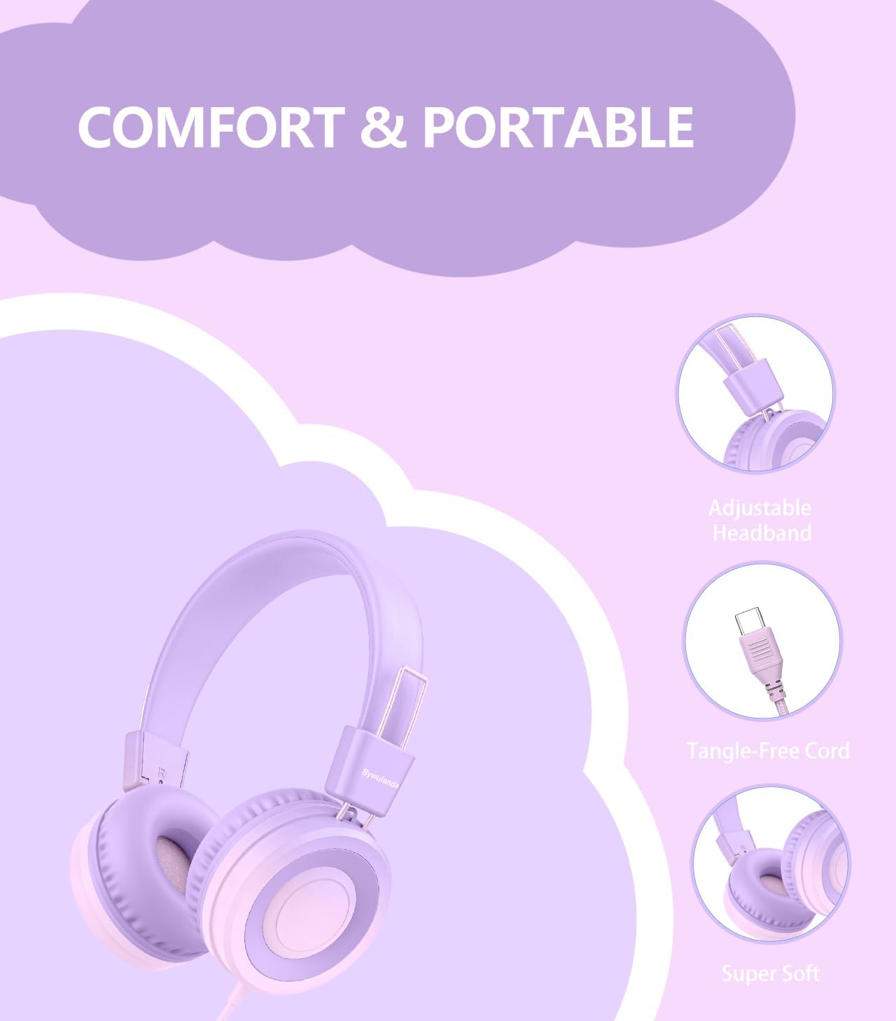 Bywulanda USB Type C Kids Headphone for School, 94dB Safe Volume Limited, Foldable Stereo Sound Tangle-Free Type C Cord, On-Ear Headphones for Boys/Girls/Students/Tablet/Travel(Gradient Purple) image 4