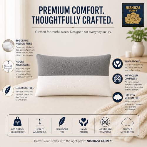 Image of Standard Sleeping Pillow Set of 1 with Adjustable Height | 27 x 16 Inch | Fluffy & Soft Siliconized Hollow Polyester Fiber, Jacquard Cover with Zip Closure - White & Grey