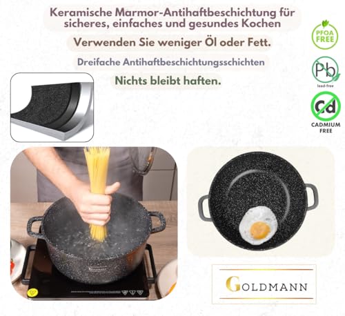 Goldmann GOLDMANN Premium Gussaluminium Kochtopf 32 CM – 9.9L – Keramik-Marmor-Antihaft-Kasserolle mit Glasdeckel und Silikongriffen, geeignet für alle Herdarten inklusive Induktion & PFOA-frei - Funktionsansicht 5 | Kochtöpfe