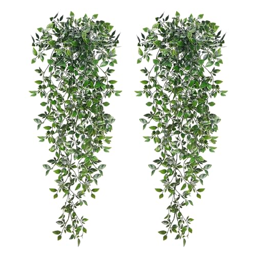 Image of BLEUM CADE Fake Hanging Plants, 2pcs Artificial Hanging Potted Plant, Faux Mandala Vines Hanging Plant Greenery for Wall Shelf Home Living Room Indoor Outdoor Decor