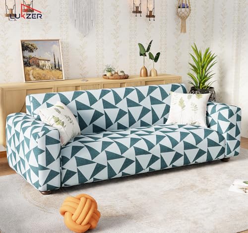 Image of Lukzer 3 Seater Grey & White Triangle Universal Sofa Cover | 360 Fully Covered Anti-Slip Washable Couch Cover Protecter | 140 GSM Stretch Fit Polyester + Spandex Slipcover (180-230cm /SC-037-03)