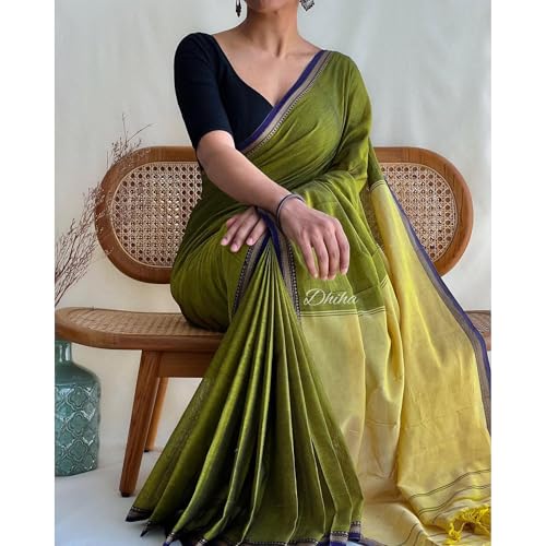 Image of Narayanpet Pure Cotton Avani Border Saree for Women with Running Blouse | Tassels | Traditional Woven Solid Design | Handloom Weave