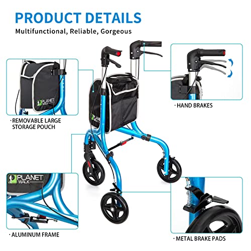 Image of PLANETWALK Premium 3 Wheel Rollator Walker for Seniors - Ultra Lightweight Foldable Aluminum Mobility Aid with Height Adjustable Handle and 7.5 Inch Wheels, Brilliant Blue